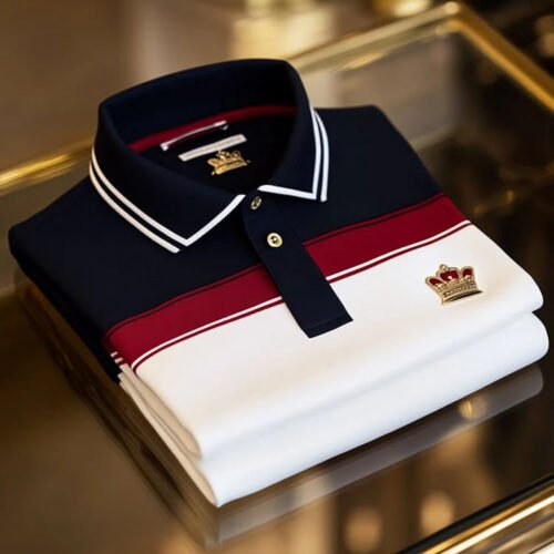 Men's Business Casual Logo Button Tricolor Short Sleeve Polo Shirt