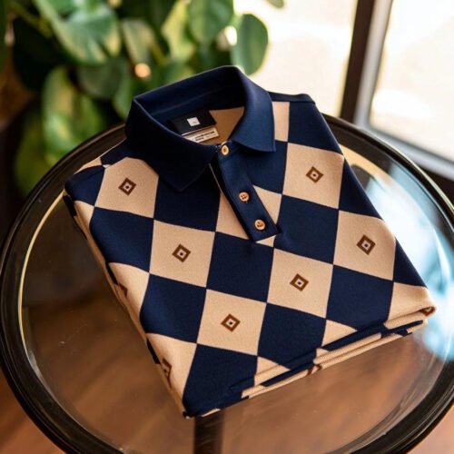 Men's Business Casual Embroidered Diamond Check Short Sleeve Polo Shirt