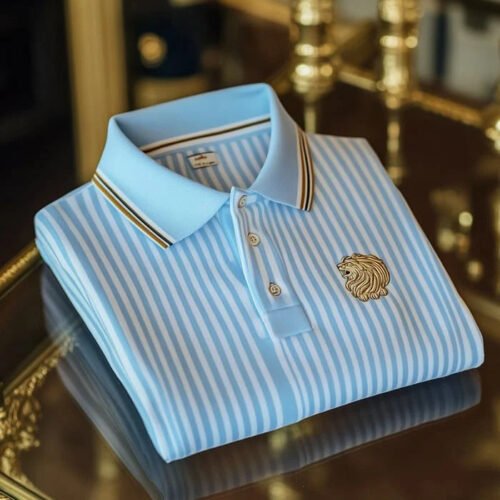 Men's Classic Business Logo Button Short Sleeve Striped Polo Shirt