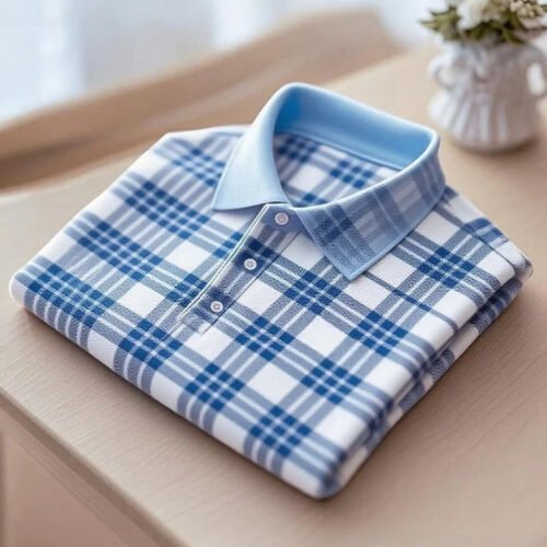 Men's Business Casual Blue Plaid Short Sleeve Button Polo Shirt