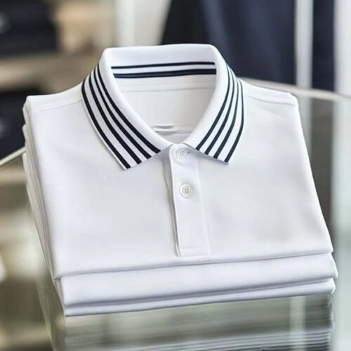 Men's Business Stripe Logo Print Cotton Blend Short Sleeve Polo Shirt