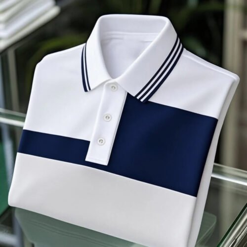 Men's Business Casual Striped Button Short Sleeve Polo Shirt