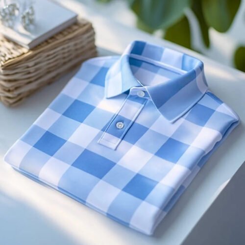 Men's Classic Business Plaid Short Sleeve Logo Polo Shirt