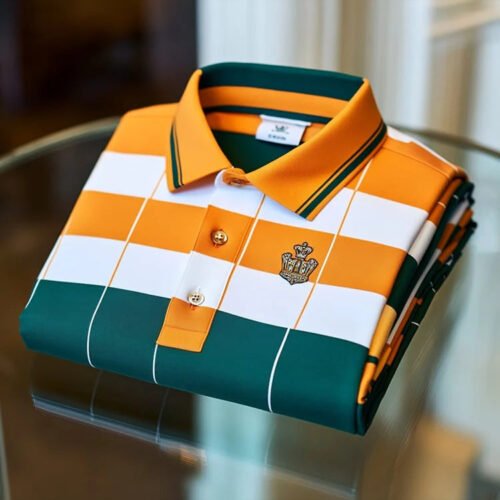 Men's Classic Business Check Logo Button Short Sleeve Polo Shirt
