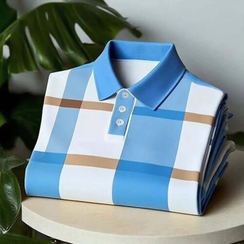 Men's Classic Business Check Pattern Short Sleeve Button Polo Shirt