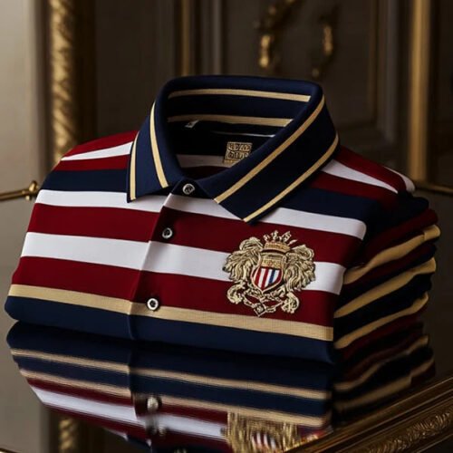 Premium Men's Business Casual Striped Short Sleeve Logo Polo Shirt