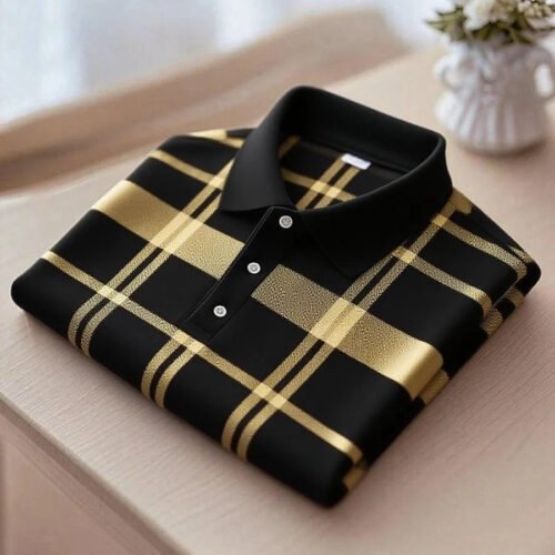 Men's Business Casual Striped Logo Short Sleeve Polyester Polo Shirt