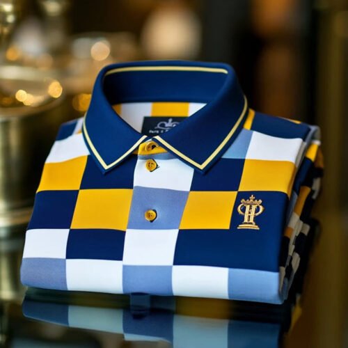 Men's Classic Business Checkered Logo Short Sleeve Polo Shirt